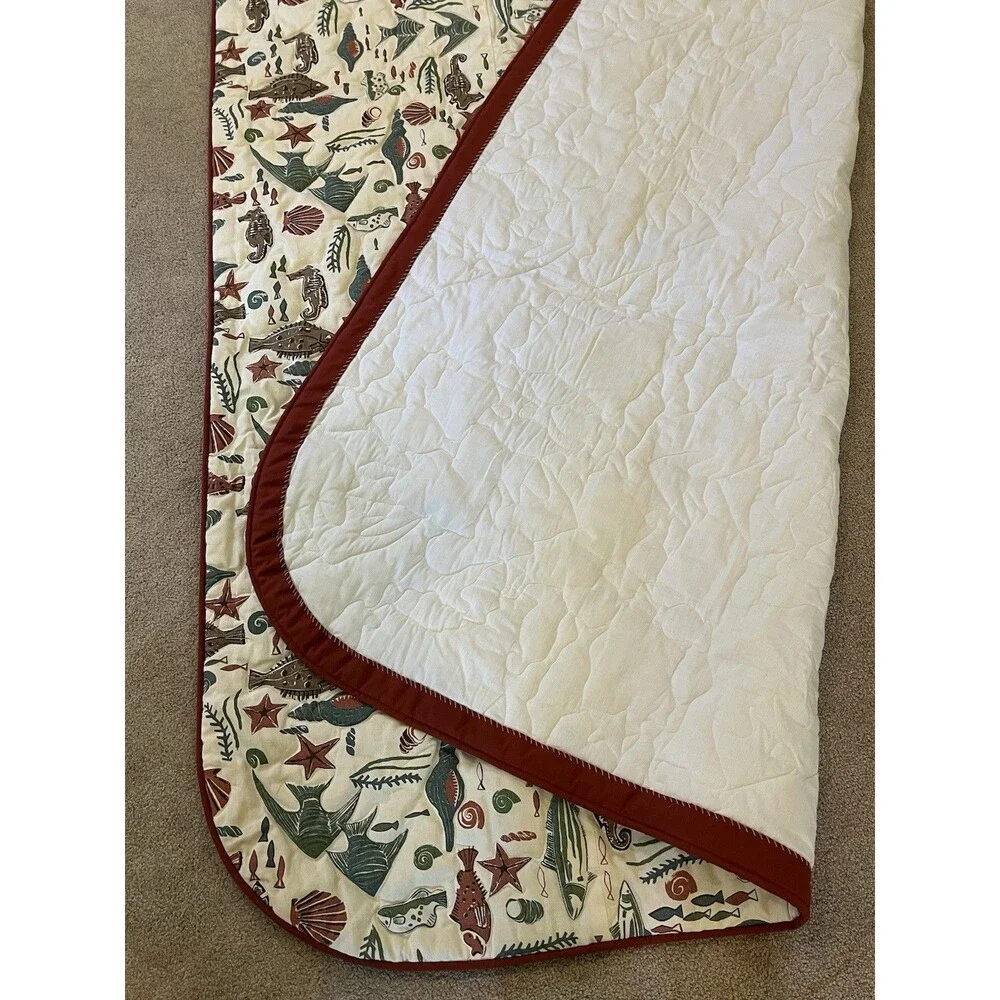 Handmade Coastal Nautical Quilt 66x106” Multipurpose Cover Sea Life Fish Seahors